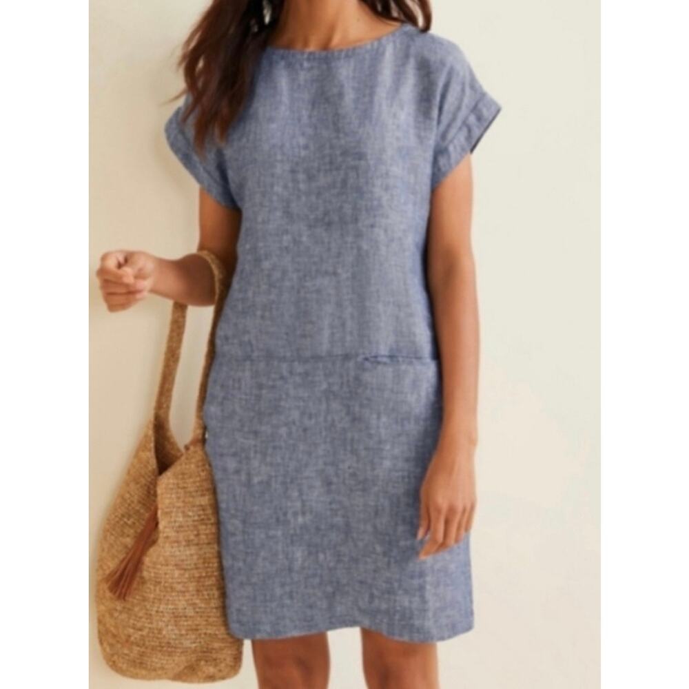 Garnet Hill Linen Dropwaist T-Shirt Dress Blue/White Sz 4